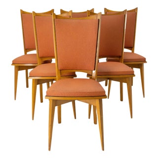 Vintage Dining Chairs in Beech and Red Moleskine, 1950, Set of 6 For Sale