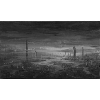 Sinking In by Todd Carpenter | Acrylic on Board Abstract landscape with tall structures and a moody sky. For Sale