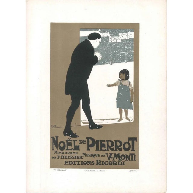 Image dimensions: 26x18.2 cm. Noël de Pierrot is a beautiful colored lithograph on cardboard, realized by the Polish...