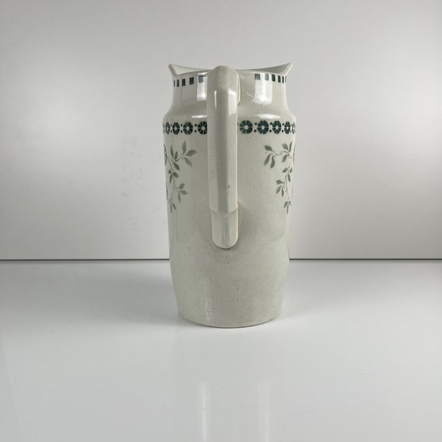 Antique Earthenware Pitcher with Green Floral Decoration, 1890s For Sale - Image 3 of 11