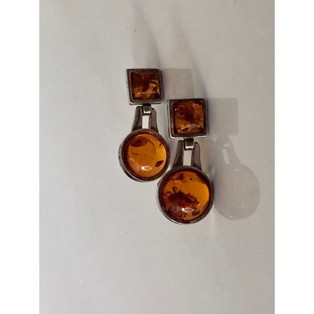 Mid 20th Century Amber and Sterling Silver Geometric Dangle Earrings- Set of 2 For Sale - Image 4 of 9
