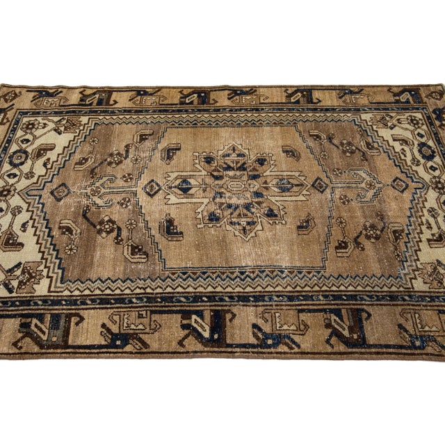Mid 20th Century Mid 20th Century Vintage Persian Distressed Brown Handmade Medallion Wool Rug For Sale - Image 5 of 10
