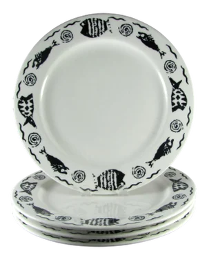 Homer Laughlin Atomic Fish Black and White Dinner or Charger Plates - Set of 4