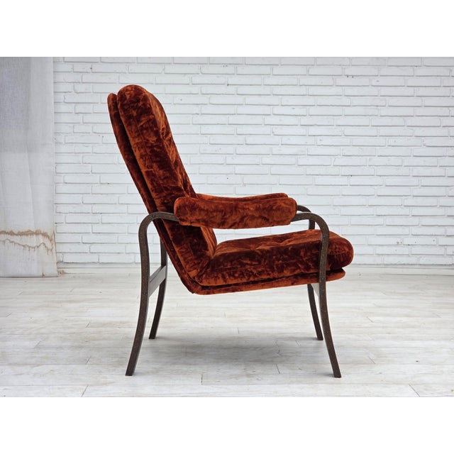 Brown Danish Lounge Chair in Velour and Bent Oak, 1970s For Sale - Image 8 of 18