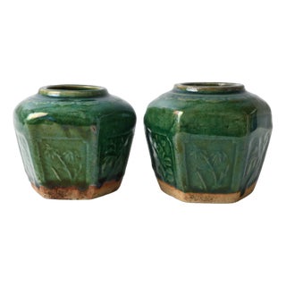 Chinese Green Glazed Shiwan Pottery Jars, 1890s, Set of 2 For Sale