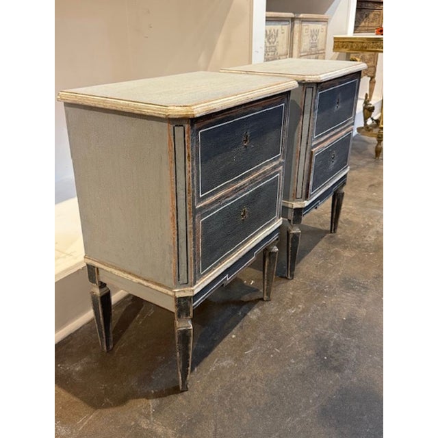 The product is a pair of German hand-painted side tables in navy blue and grey. These side tables are designed for use as...