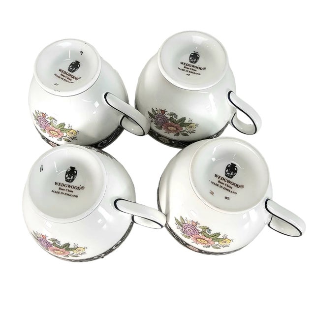 Vintage Wedgwood Runnymede Bone China Tea Cups, England Floral & Shell Motif Set of 4 For Sale - Image 11 of 11