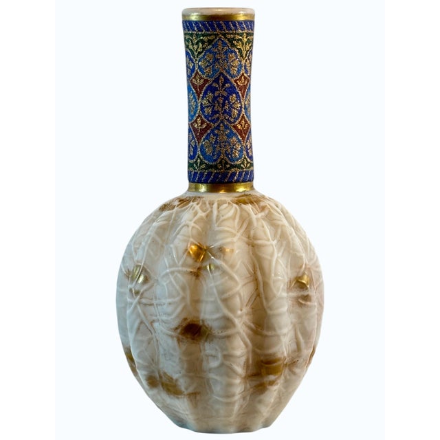 Tall Art Glass Vase With Melon Ribbing, Gilt and Enamel Opal Glass Attributed to Harrach, 1880s-1920's. For Sale - Image 4 of 15