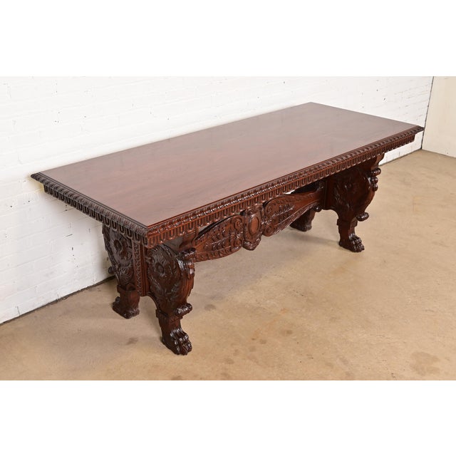 R. J. Horner & Co. R. J. Horner Style Antique Italian Renaissance Carved Walnut Desk or Library Table With Lion Paw Feet, Circa 1890s For Sale - Image 4 of 11
