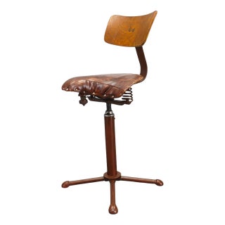 Industrial Adjustable Swivel Chair with Leather Seat, 1930s For Sale