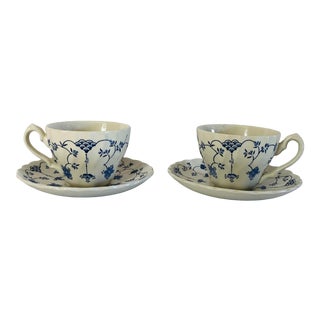 Vintage Yorktown Blue & White Salem Ironstone English China Teacups & Saucers- Set of 2 For Sale