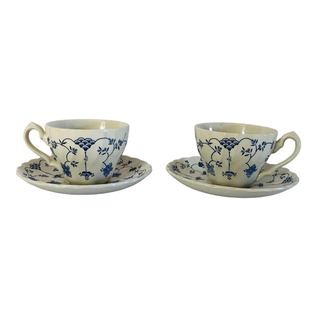 Vintage Yorktown Blue & White Salem Ironstone English China Teacups & Saucers- Set of 2 For Sale