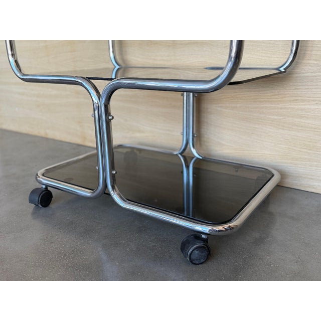 Mid Century Sleek Italian Three Tier Chrome and Glass Drinks Trolley On Castors For Sale - Image 14 of 18