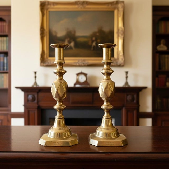 Antique Queen of Diamonds Brass Candlesticks Pair-Victorian English-1897 Jubilee For Sale - Image 10 of 11