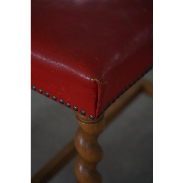 1930s Vintage Danish Oak Barley Twist Stool with Red Leather Seat, 1930s For Sale - Image 5 of 16