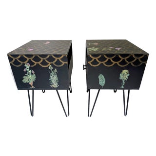 Moody Botanical Functional Art | Vintage Nightstand Pair | Hand-Decorated | Resin Top | Hairpin Legs For Sale