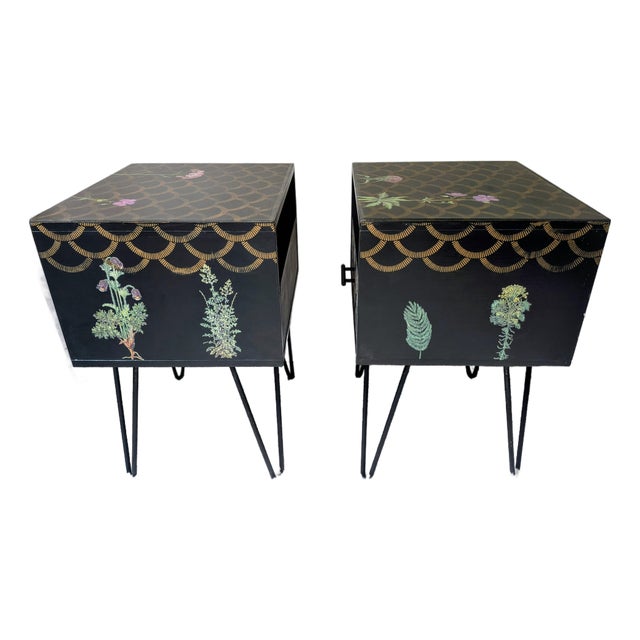 Moody Botanical Functional Art | Vintage Nightstand Pair | Hand-Decorated | Resin Top | Hairpin Legs For Sale