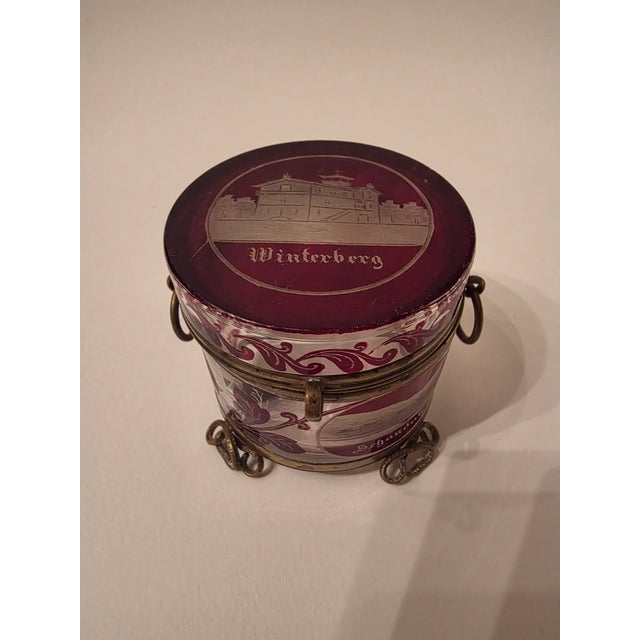 Ruby Red Antique Bohemian Crystal Souvenir Box With Etched Views For Sale - Image 8 of 12