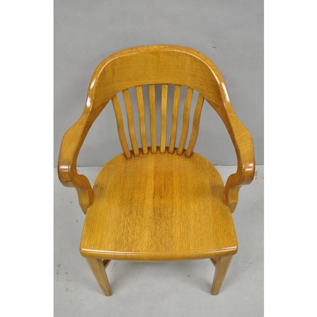 Traditional Early 20th Century Traditional Antique Solid Golden Oak Wood Office Library Bankers Arm Chair For Sale - Image 3 of 16