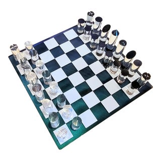 Contemporary Marostica Metallic Aqua Lucite Chessboard - 33 Piece Set For Sale