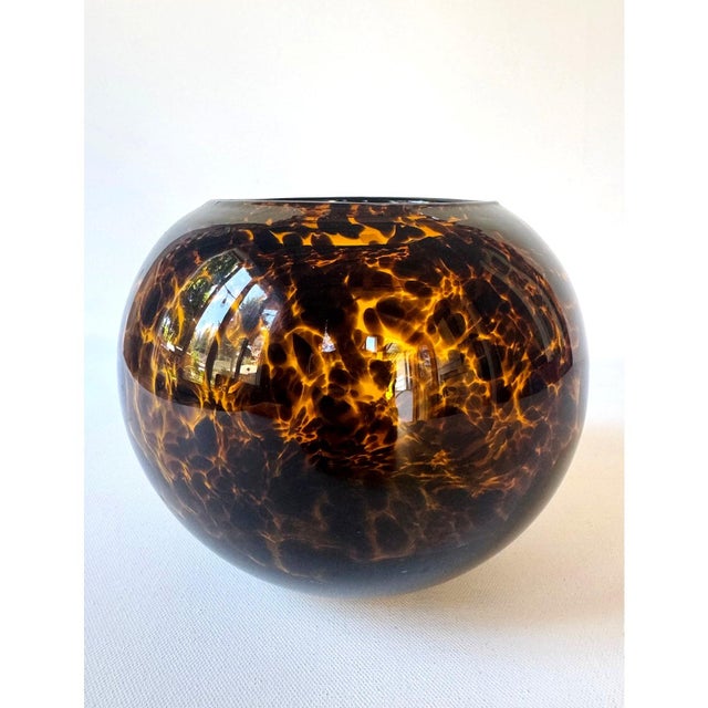 Mid 20th Century Large Tortoiseshell Art Glass Bowl Sphere Vase Amber Brown Hand Blown Decor For Sale - Image 5 of 9