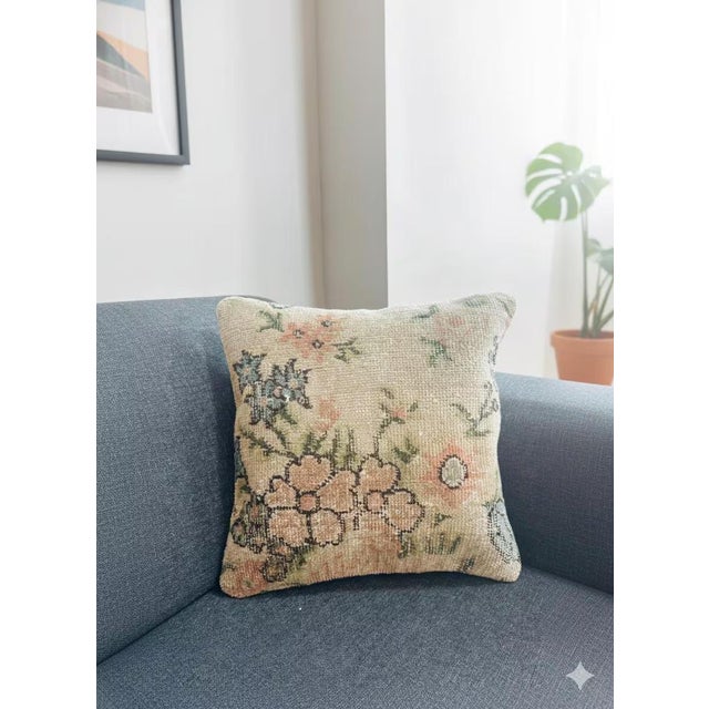 Vintage Turkish Rug Pillow Cover, Handwoven Wool Isparta Floral Cushion, Romantic Peach Sage Dusty Blue Boho Pillow, 16x16 In For Sale - Image 9 of 12
