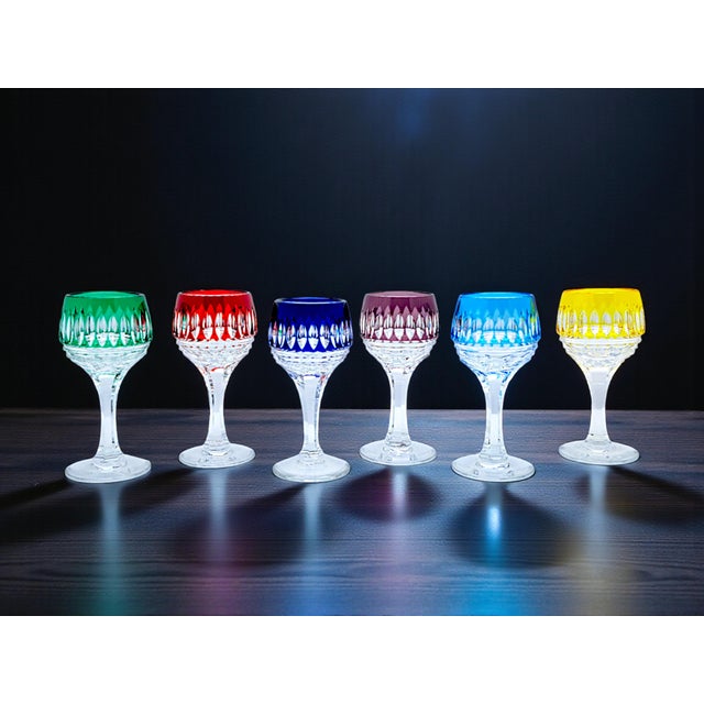 Green Italian Colored Cut Crystal Liqueur Glasses from Artigianato Italiano, 1980s, Set of 6 For Sale - Image 8 of 12