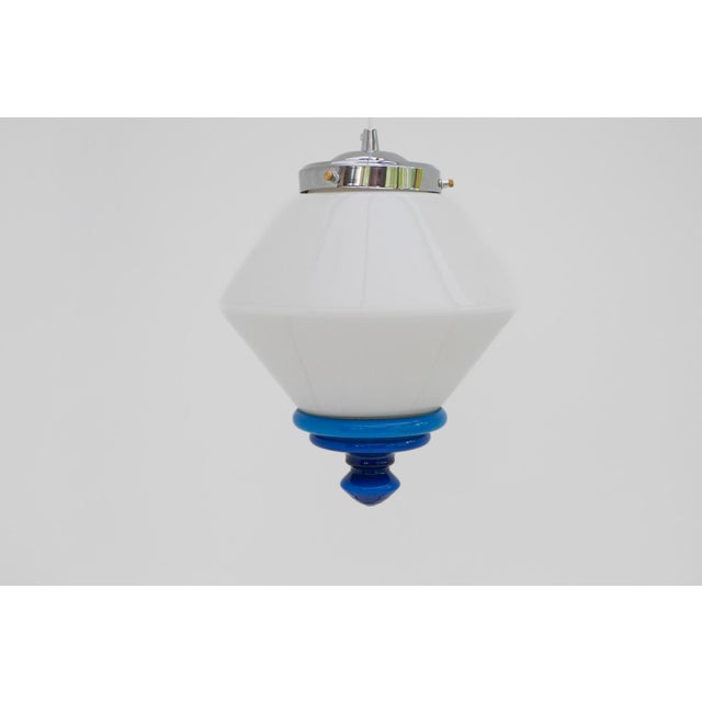Blue Scandinavian Art Deco Milk Glass Pendant Light with Azure Blue Details, 1930s For Sale - Image 8 of 17