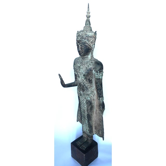 A magnificent Ayutthaya bronze Shakyyamuni Buddha with his right arm raised in abhaya mudra, gesture of reassurance. The...