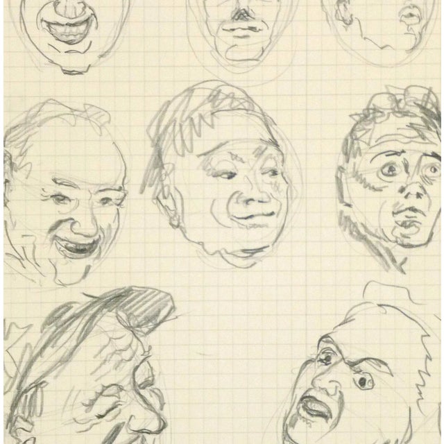 Original drawing of faces and expressions by artist Werner Bell, circa 1960. Displayed on a white mat with a gold border...