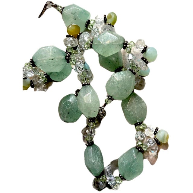 Gemstone Necklace Moss Aquamarine, Faceted White Topaz Rondelles, and Supple Shades of Blue Green Yellow Peruvian Opal For Sale - Image 10 of 10