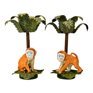Mid 20th Century Pair of Hand-Painted Porcelain Monkey & Tole Palm Candlesticks, Petites Choses Attributed For Sale