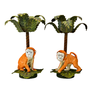 Mid 20th Century Pair of Hand-Painted Porcelain Monkey & Tole Palm Candlesticks, Petites Choses Attributed