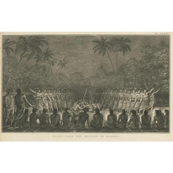 Antique print titled 'Night Dance of Men at Hapaee'. This print depicts a night dance by men from Hapaee. Originates from...