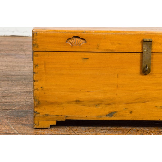 Camel Vintage Chest with Carved Seashells on Lid For Sale - Image 8 of 12