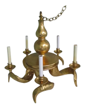 1950s Chapman Hollywood Regency Five Light Ram Horn Bronze Chandelier