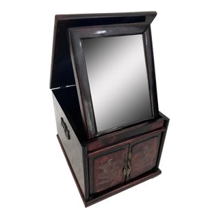 Antique Chinese Rosewood Mirrored Vanity / Jewellery Storage Box With Brass Inlaid Guan Yin & Cloud Dragons For Sale