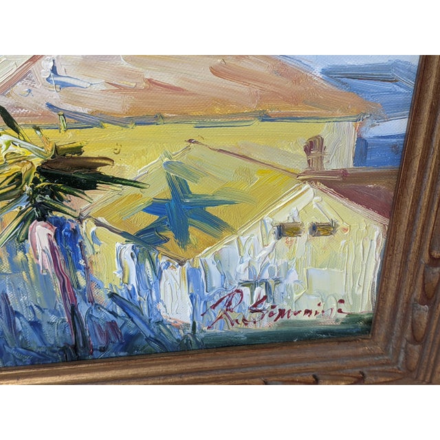 Late 20th Century Ray Simonini Mediterranean Village Oil Painting, Heavy Impasto, Blue & Gold For Sale - Image 12 of 18