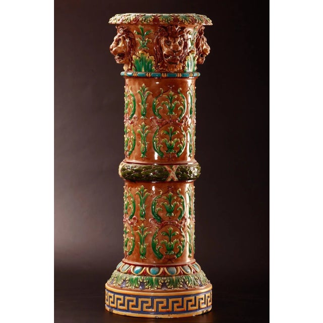 The pedestal is in a good quality with minor damage at the bottom. Painted glazed white tile The Zsolnay Factory is a...