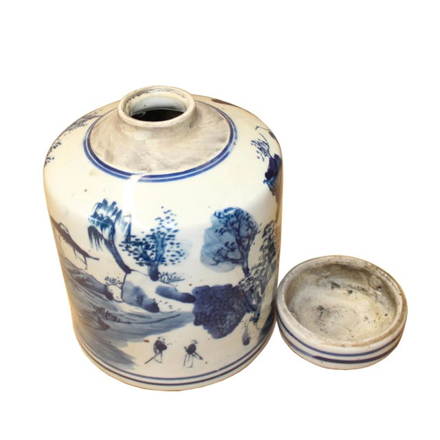 Chinese Blue White Ceramic Oriental Scenery Graphic Container Urn Jar For Sale - Image 4 of 7