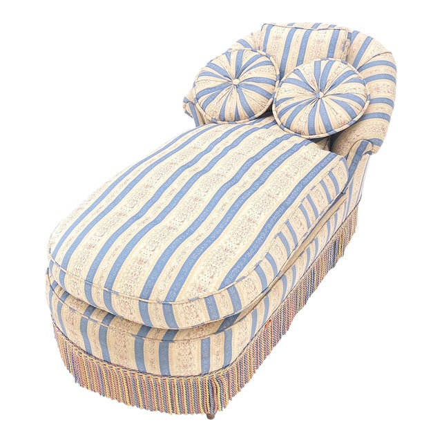 Down Filled Tassels Blue & Gold Upholstery Turned Legs Chaise Lounge For Sale