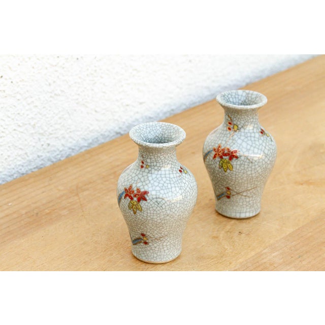 Ceramic Pair of Miniature Floral Avian Crackle Glaze Jars For Sale - Image 7 of 8