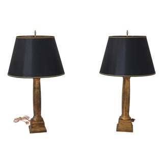 Pair of Vintage French Empire Gold Leaf on Wood Column Lamps For Sale