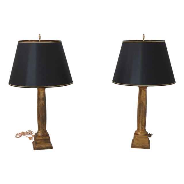Pair of Vintage French Empire Gold Leaf on Wood Column Lamps For Sale