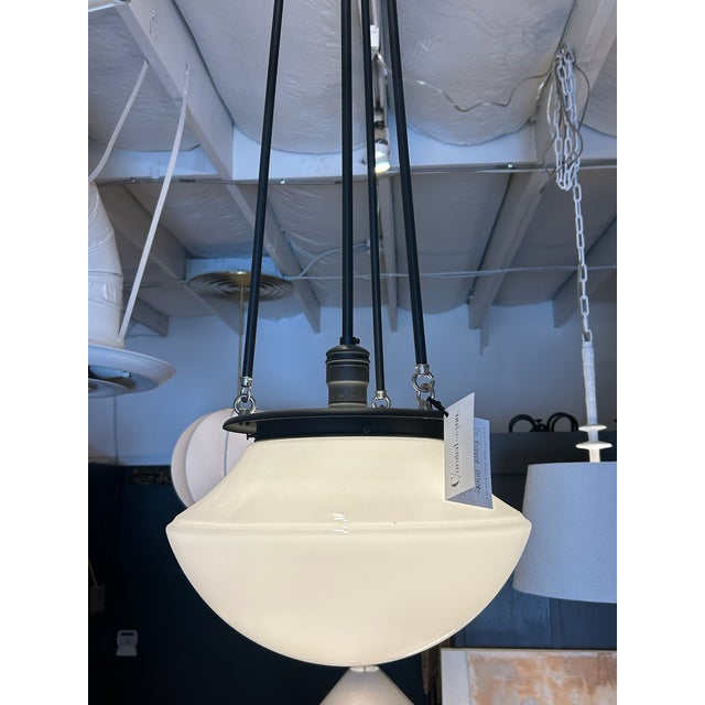 Late 20th Century Oil-Rubbed Bronze Hood Pendant With Opal Glass Shade For Sale - Image 9 of 9