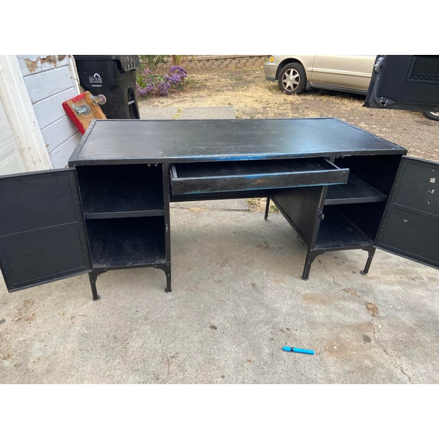 Restoration Hardware 1900’s French Industrial Metal Tool Chest Desk With Patina For Sale - Image 10 of 12