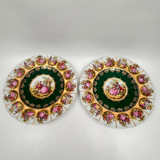 Vintage Fragonard Love Story Plates, Royal Vienna Bavarian Porcelain, Green & Gold - Set of 2 For Sale - Image 10 of 12