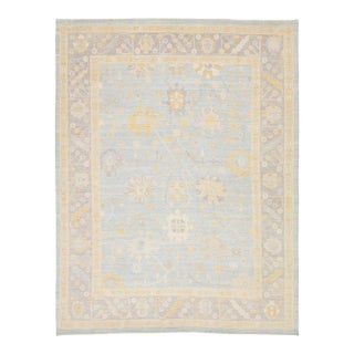 Modern Oushak Style Hand-Knotted Wool Rug - Pastel Blue, Gold & Ivory 9x12 For Sale