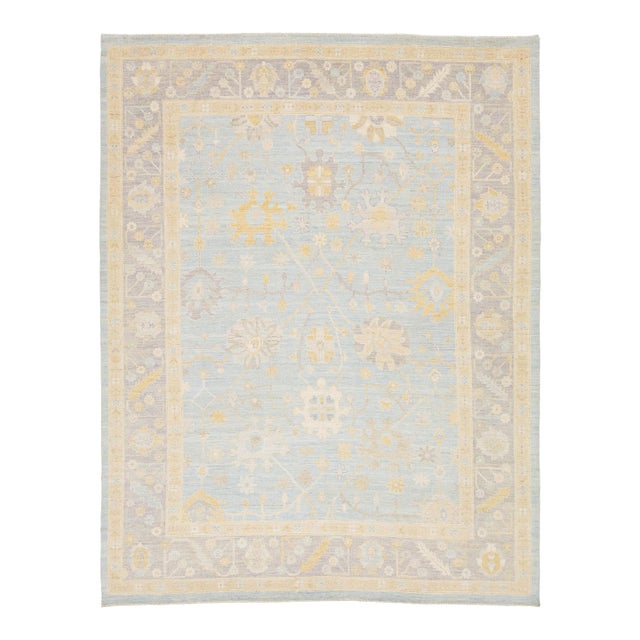 Modern Oushak Style Hand-Knotted Wool Rug - Pastel Blue, Gold & Ivory 9x12 For Sale