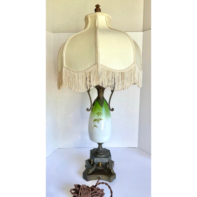Green Antique Victorian Revival Hand-Painted Floral Glass Table Lamp With Dolphin Supports For Sale - Image 8 of 12